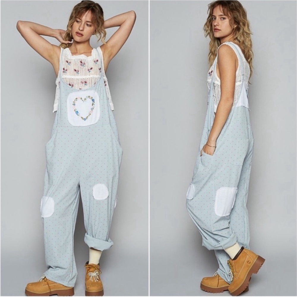 POL JUMPSUIT AND RIBBED PATCHWORK DETAILS WITH POCKETS IN POWDER BLUE SZ LARGE - Picture 2 of 8